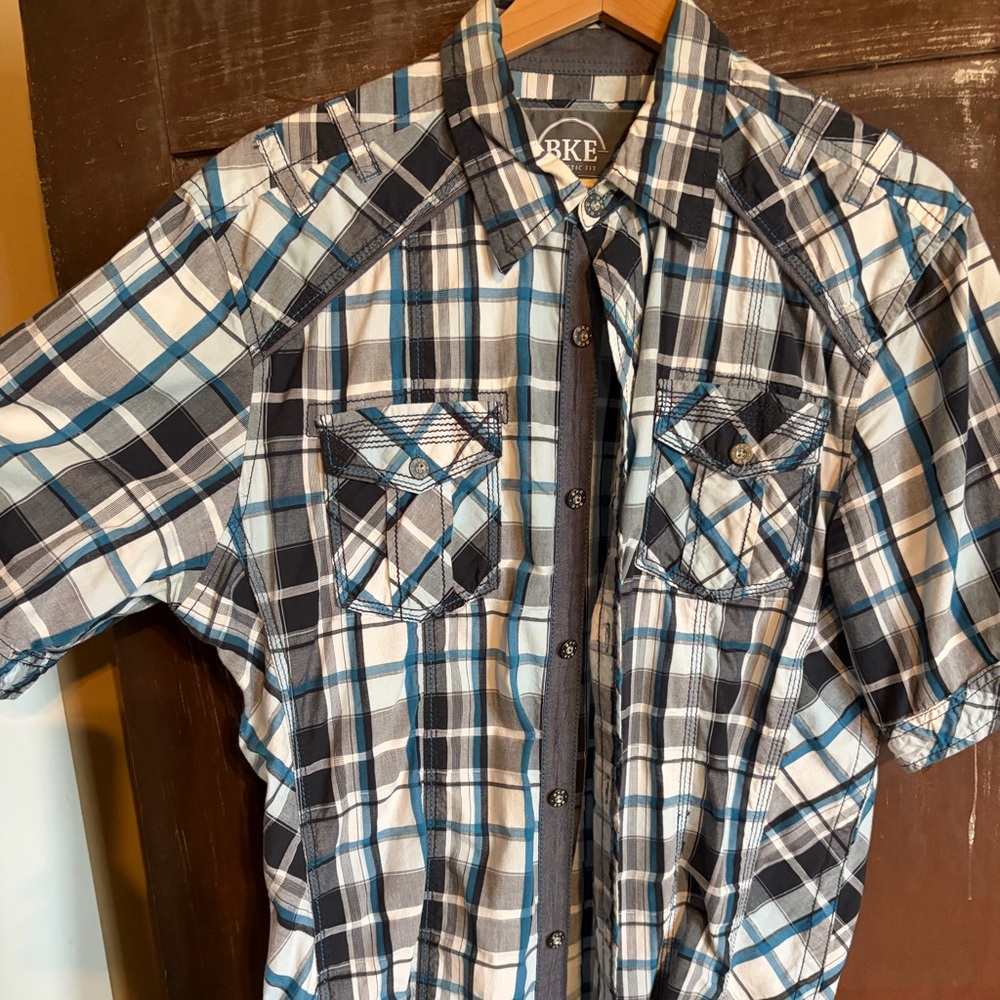 BKE Athletic Fit Blue and White Plaid Shirt